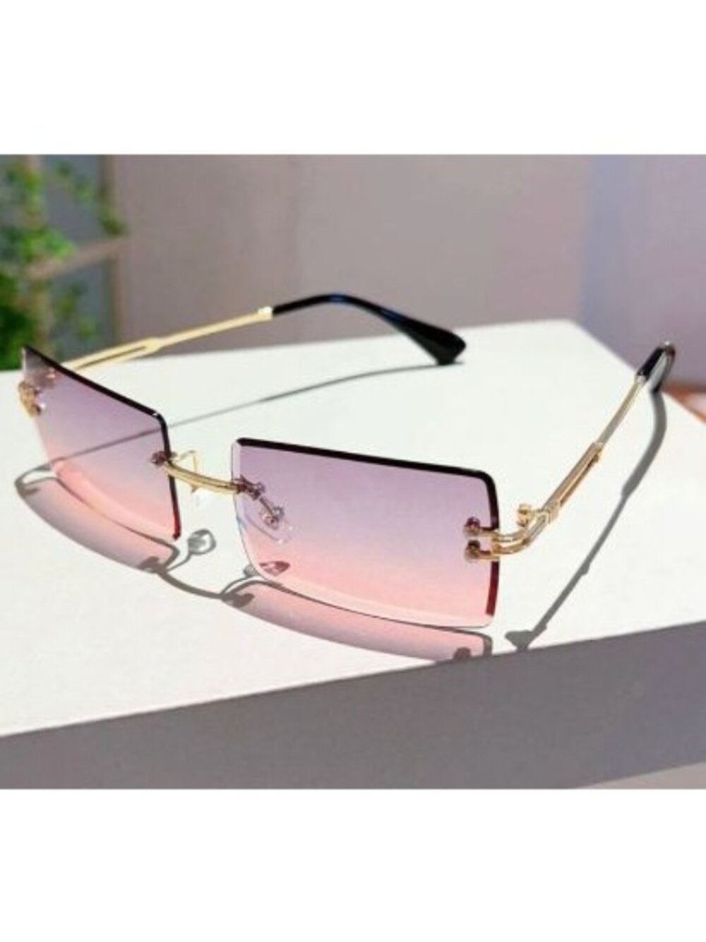 Rimless Rectangle Sunglasses Grey Pink Gradient Lenses Gold Tone Frame Y2K Retro